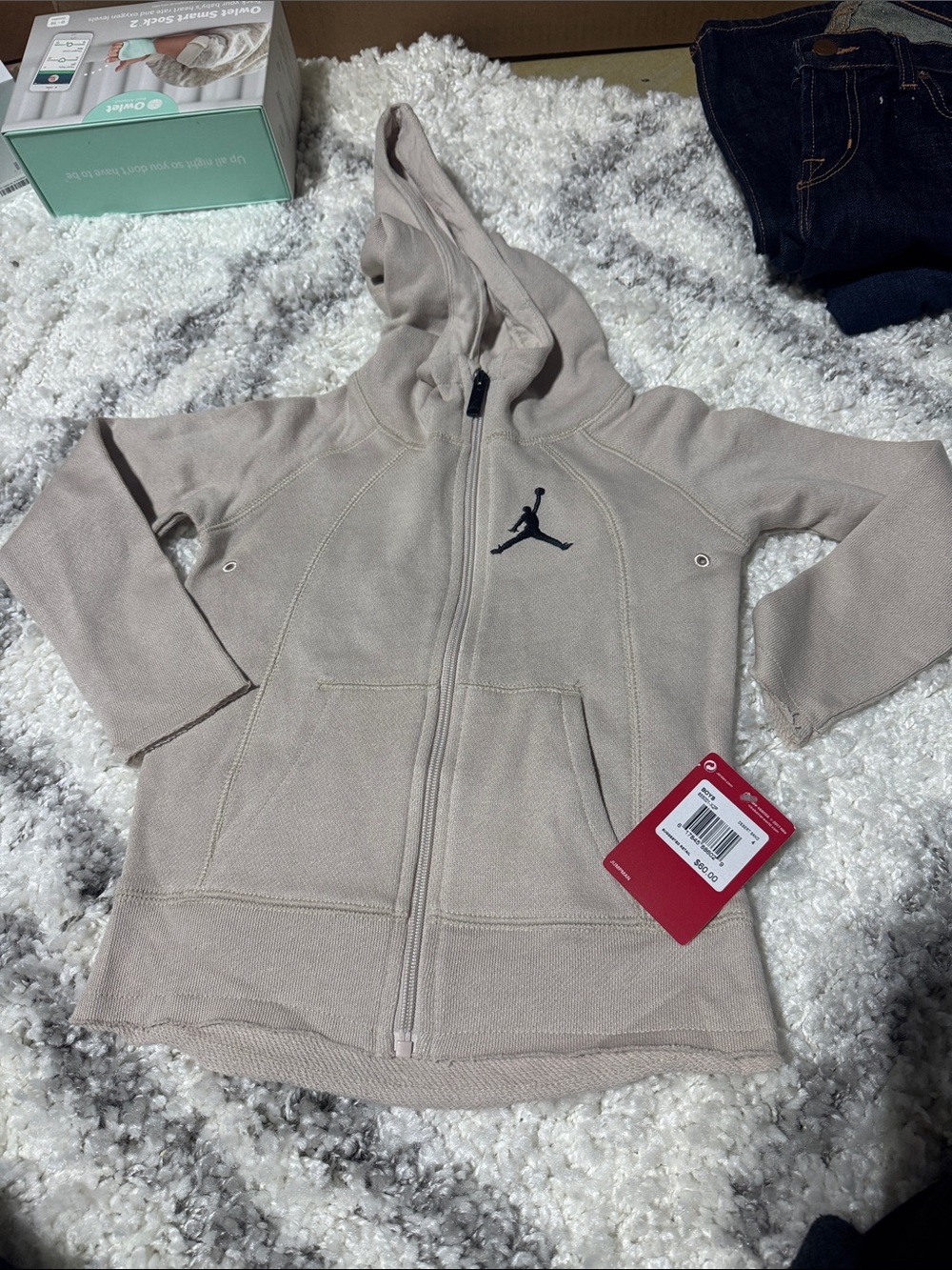 Jordan Kids' Hooded Full‑Zip Jacket in Light Beige with Black Jumpman size 4